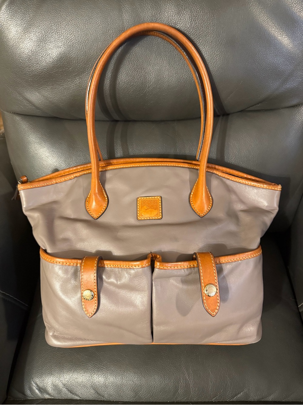 Dooney & Bourke Taupe Leather Tote with Tan Leather Trim